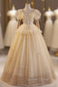 Champagne Tulle Puff Sleeve Beading Wedding Dresses