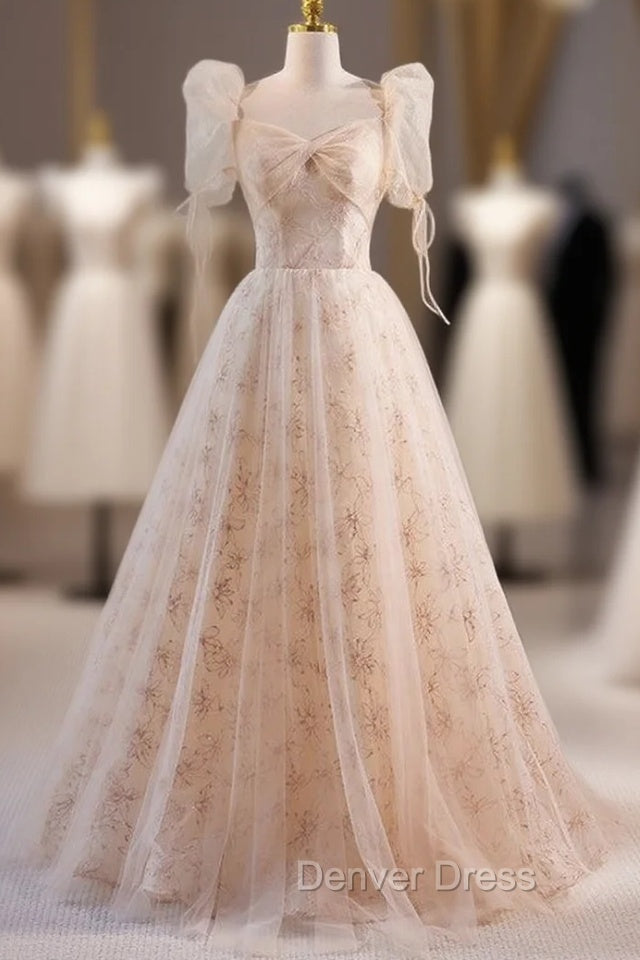 Champagne Tulle Puff Sleeve Prom Dresses