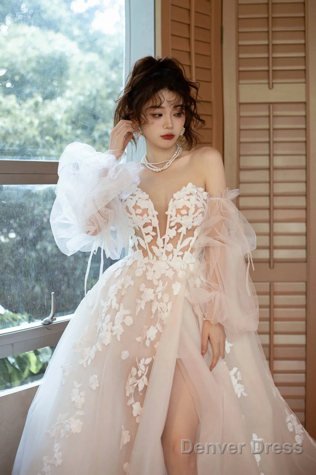 Champagne Tulle Puffy Sleeves Long Prom Dress, Beautiful Lace Prom Dresses