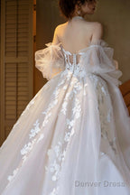 Champagne Tulle Puffy Sleeves Long Prom Dress, Beautiful Lace Prom Dresses