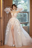 Champagne Tulle Puffy Sleeves Long Prom Dress, Beautiful Lace Prom Dresses
