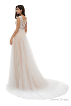 Champagne Tulle Scoop Neck Lace Appliques Beading Wedding Dresses