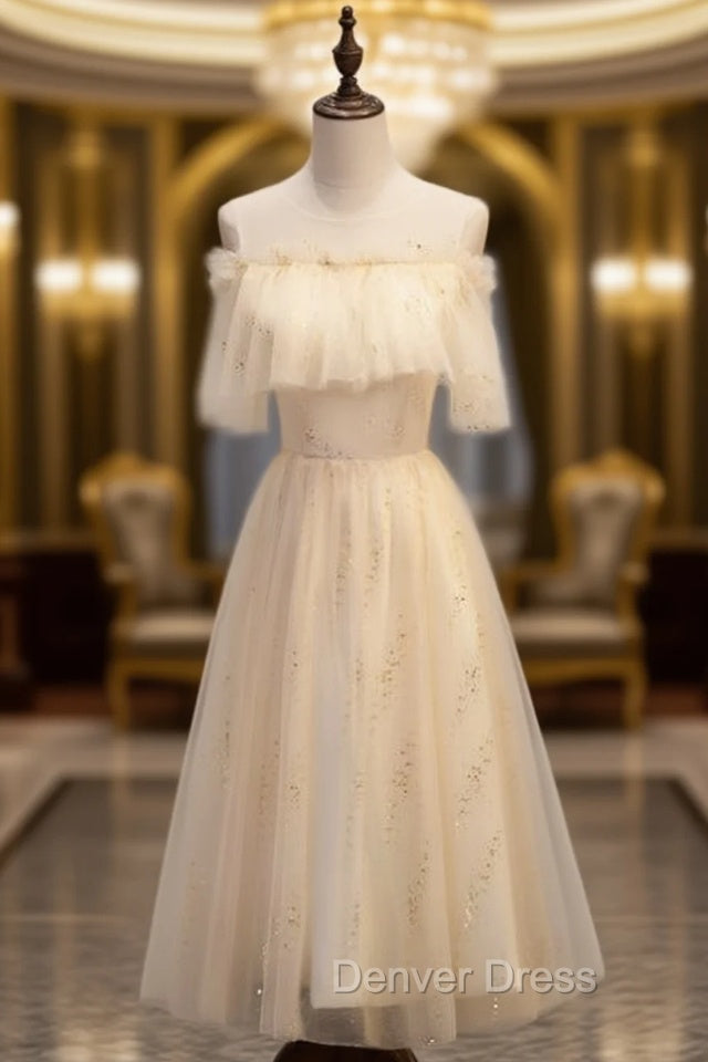 Champagne Tulle Scoop Sequins Tea Length Prom Dresses