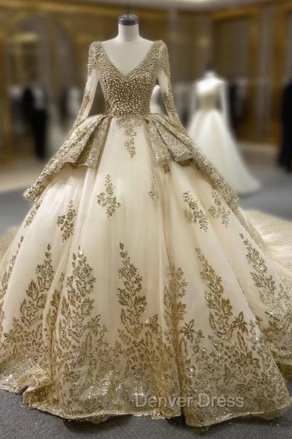 Champagne Tulle Sequins Appliques Long Sleeve Prom Dresses