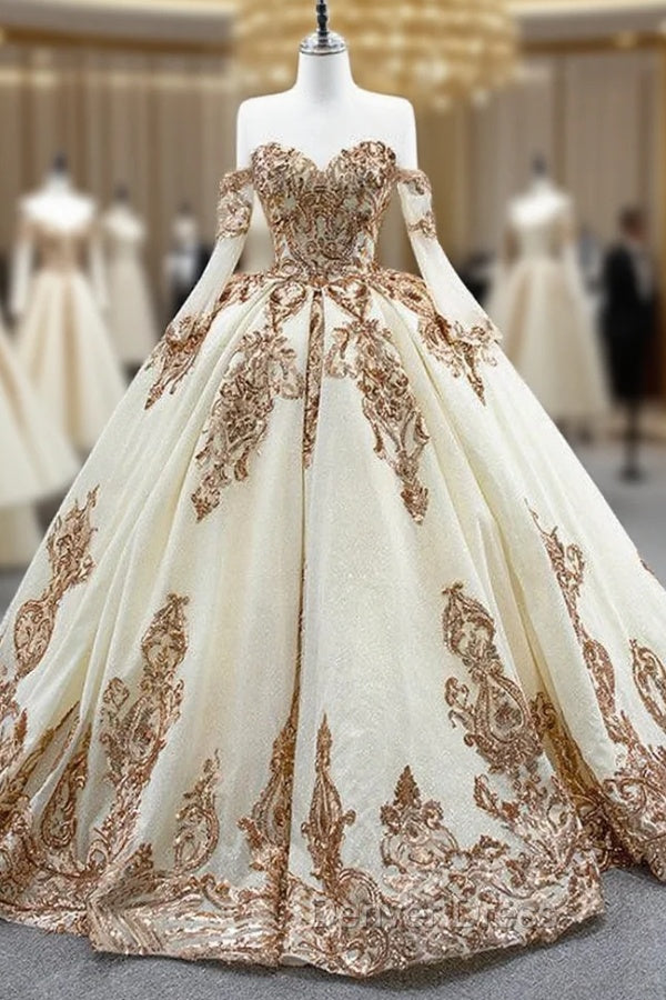Champagne Tulle Sequins Appliques Sweetheart Prom Dresses