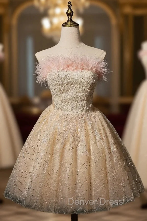 Champagne Tulle Sequins Beading Homecoming Dresses Main image