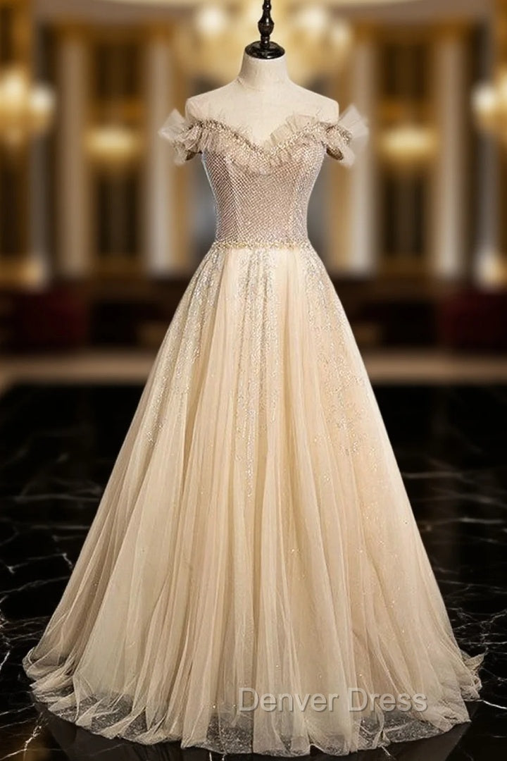 Champagne Tulle Sequins Beading Prom Dresses