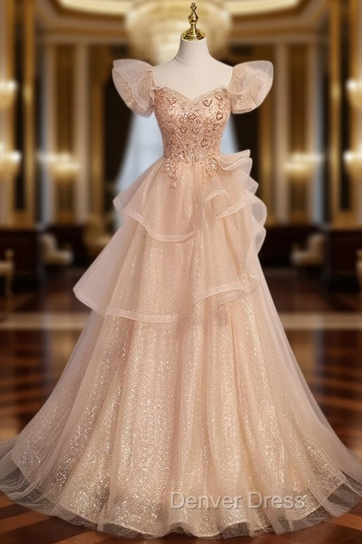 Champagne Tulle Sequins Beading Puff Sleeve Prom Dresses