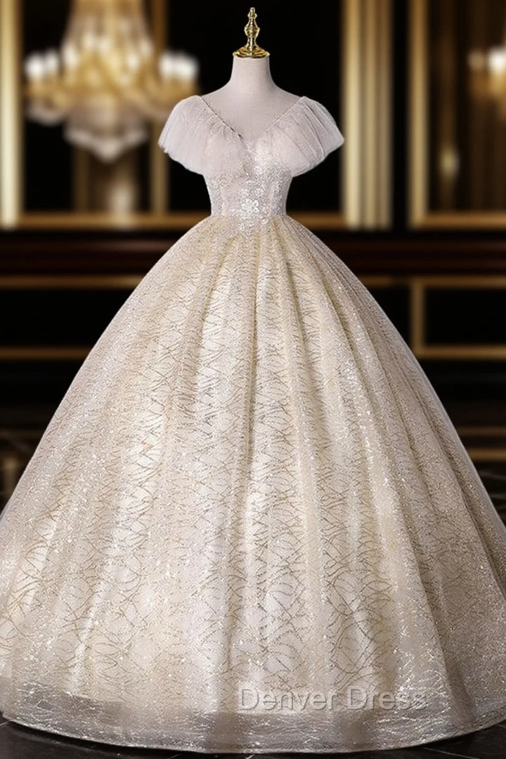 Champagne Tulle Sequins Beading V Neck Quinceanera Dresses
