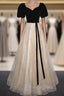 Champagne Tulle Sequins Black Velvet Short Sleeve Prom Dres