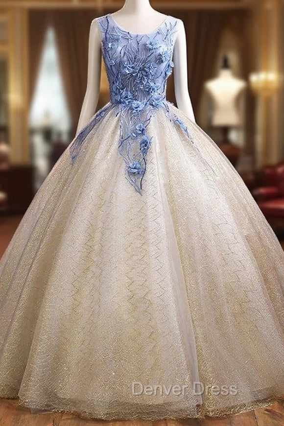 Champagne Tulle Sequins Blue Appliques Quinceanera Dresses