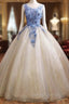 Champagne Tulle Sequins Blue Appliques Quinceanera Dresses