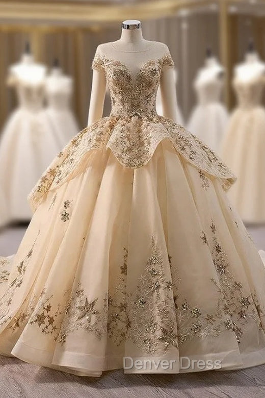 Champagne Tulle Sequins Cap Sleeve Prom Dresses
