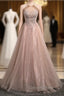 Champagne Tulle Sequins Halter Beading Prom Dresses