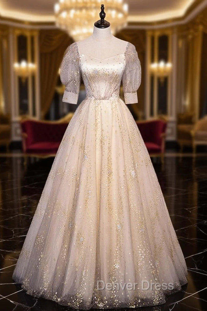 Champagne Tulle Sequins Long Prom Dresses, Cute 1/2 Sleeve Party Dresses Main image
