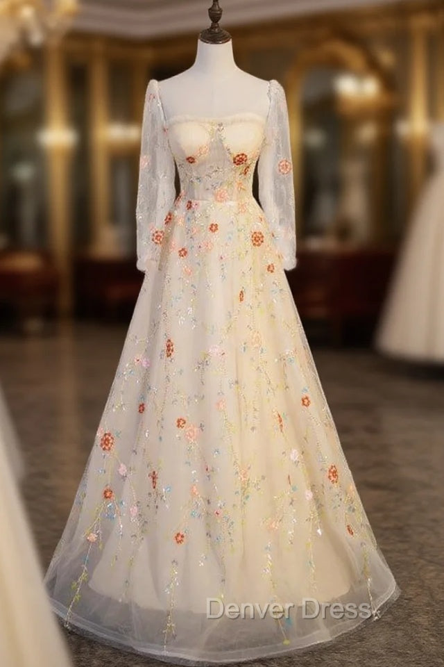Champagne Tulle Sequins Long Sleeve Square Prom Dresses
