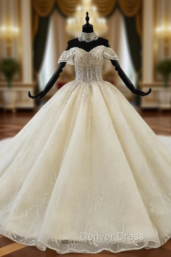Champagne Tulle Sequins Off the Shoulder Beading Luxury Wedding Dresses Main image