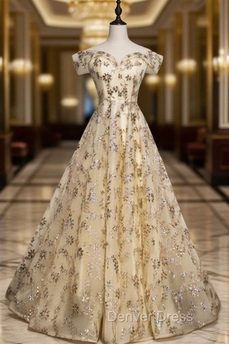 Champagne Tulle Sequins Off the Shoulder Long Prom Dresses