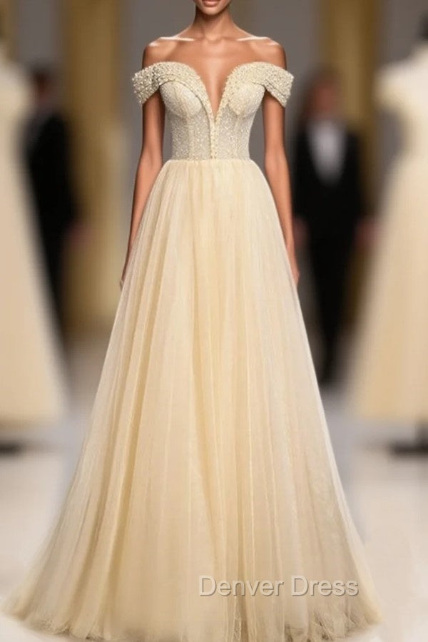Champagne Tulle Sequins Off the Shoulder Pearls Prom Dresses
