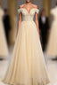 Champagne Tulle Sequins Off the Shoulder Pearls Prom Dresses