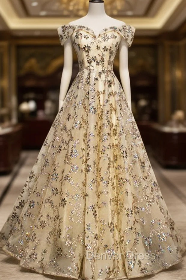Champagne Tulle Sequins Off the Shoulder Prom Dresses
