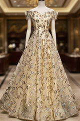Champagne Tulle Sequins Off the Shoulder Prom Dresses