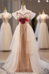 Champagne Tulle Sequins Pearls Prom Dresses