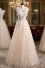 Champagne Tulle Sequins Pleats Beading Prom Dresses