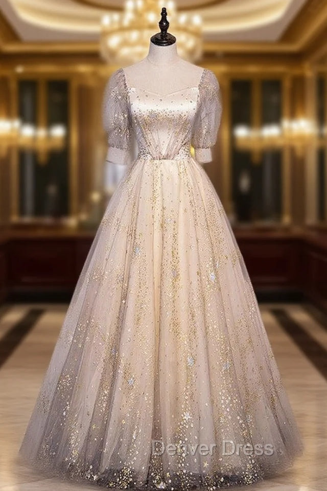 Champagne Tulle Sequins Pleats Short Sleeve Prom Dresses