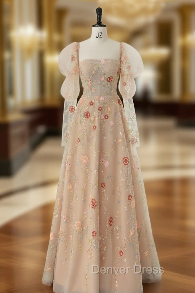 Champagne Tulle Sequins Prom Dresses With Detachable Long Sleeve