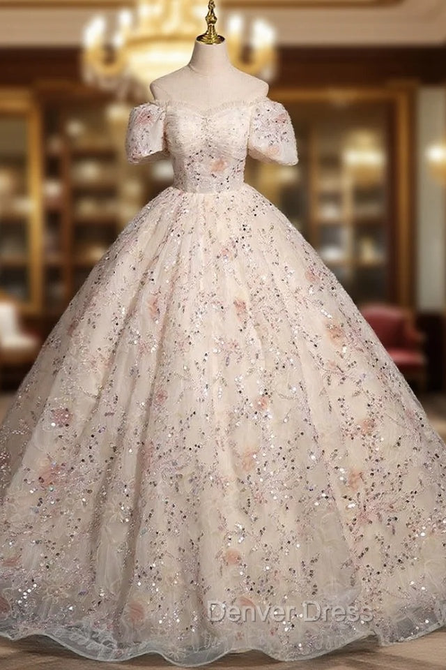 Champagne Tulle Sequins Puff Sleeve Pleats Quinceanera Dresses