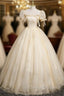 Champagne Tulle Sequins Puff Sleeve Quinceanera Dresses