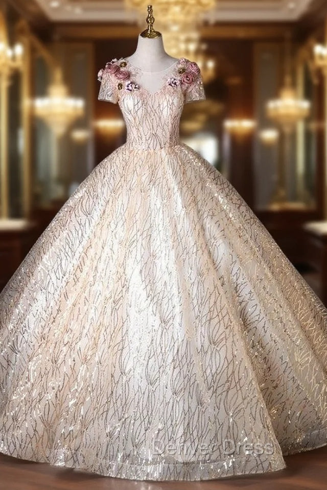 Champagne Tulle Sequins Short Sleeve 3D Flower Quinceanera Dresses