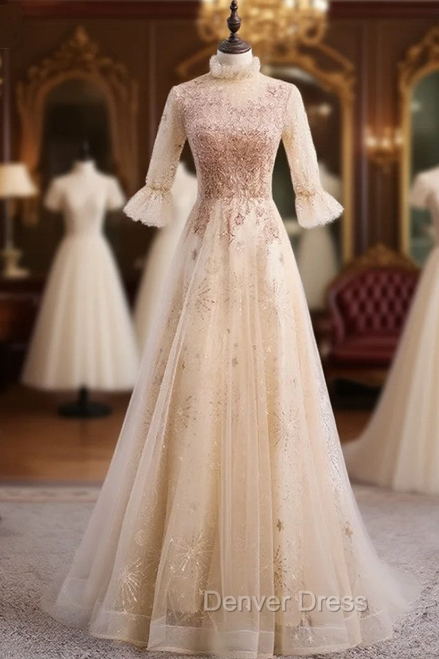Champagne Tulle Sequins Short Sleeve Beading Prom Dresses