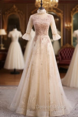 Champagne Tulle Sequins Short Sleeve Beading Prom Dresses