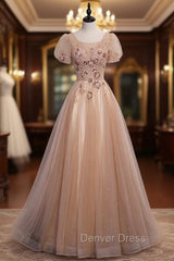Champagne Tulle Sequins Short Sleeve Beading Sequins Prom Dresses