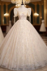 Champagne Tulle Sequins Short Sleeve Quinceanera Dresses