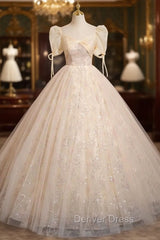 Champagne Tulle Sequins Short Sleeve Quinceanera Dresses