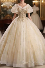 Champagne Tulle Sequins Square Puff Sleeve Quinceanera Dresses
