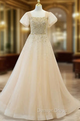 Champagne Tulle Sequins Square Short Sleeve Prom Dresses