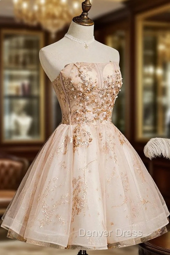 Champagne Tulle Sequins Strapless Homecoming Dresses Main image