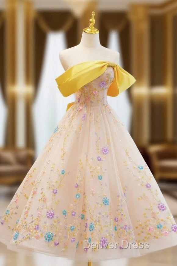 Champagne Tulle Sequins Strapless Tea Length Prom Dresses