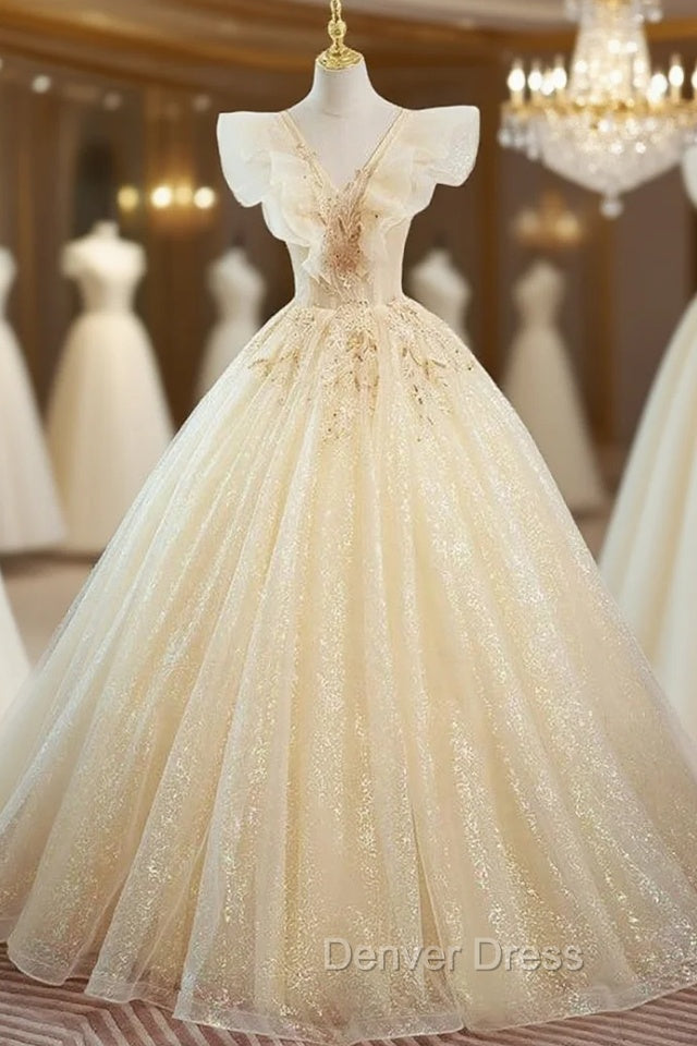 Champagne Tulle Sequins V-neck Beading Quinceanera Dresses Main image