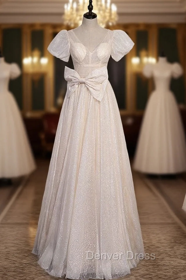 Champagne Tulle Sequins V-neck Bow Prom Dresses Main image