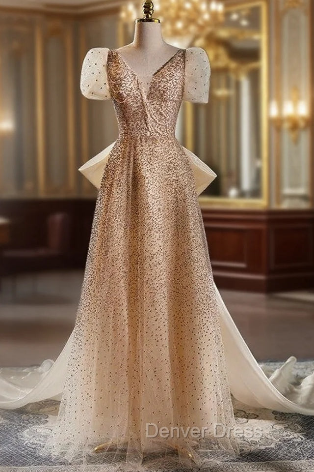 Champagne Tulle Sequins V Neck Short Sleeve Prom Dresses