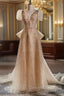 Champagne Tulle Sequins V Neck Short Sleeve Prom Dresses