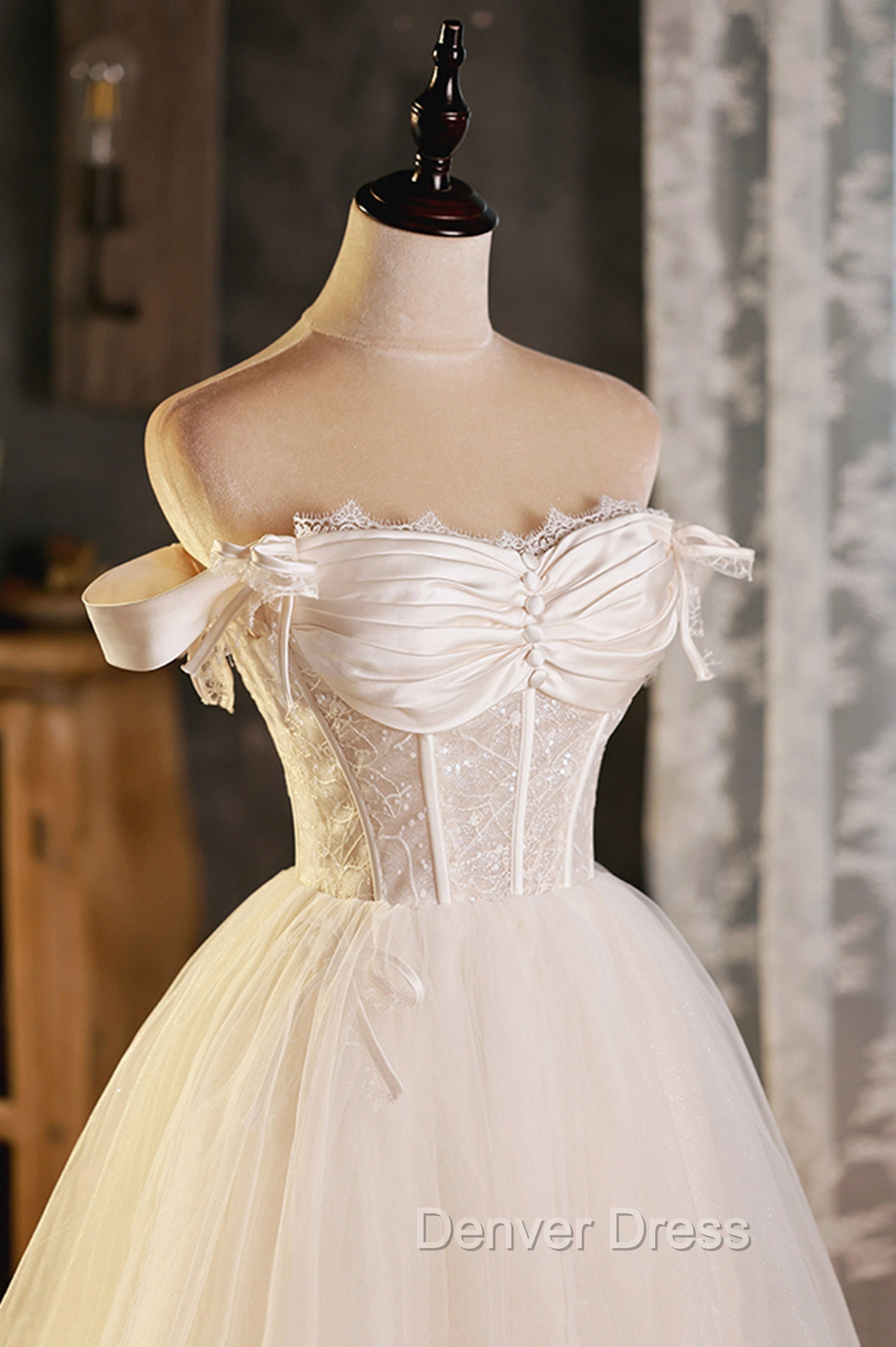 Champagne Tulle Short A Line Prom Dress, Off the Shoulder Prom Dresses
