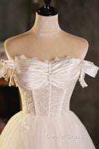 Champagne Tulle Short A Line Prom Dress, Off the Shoulder Prom Dresses