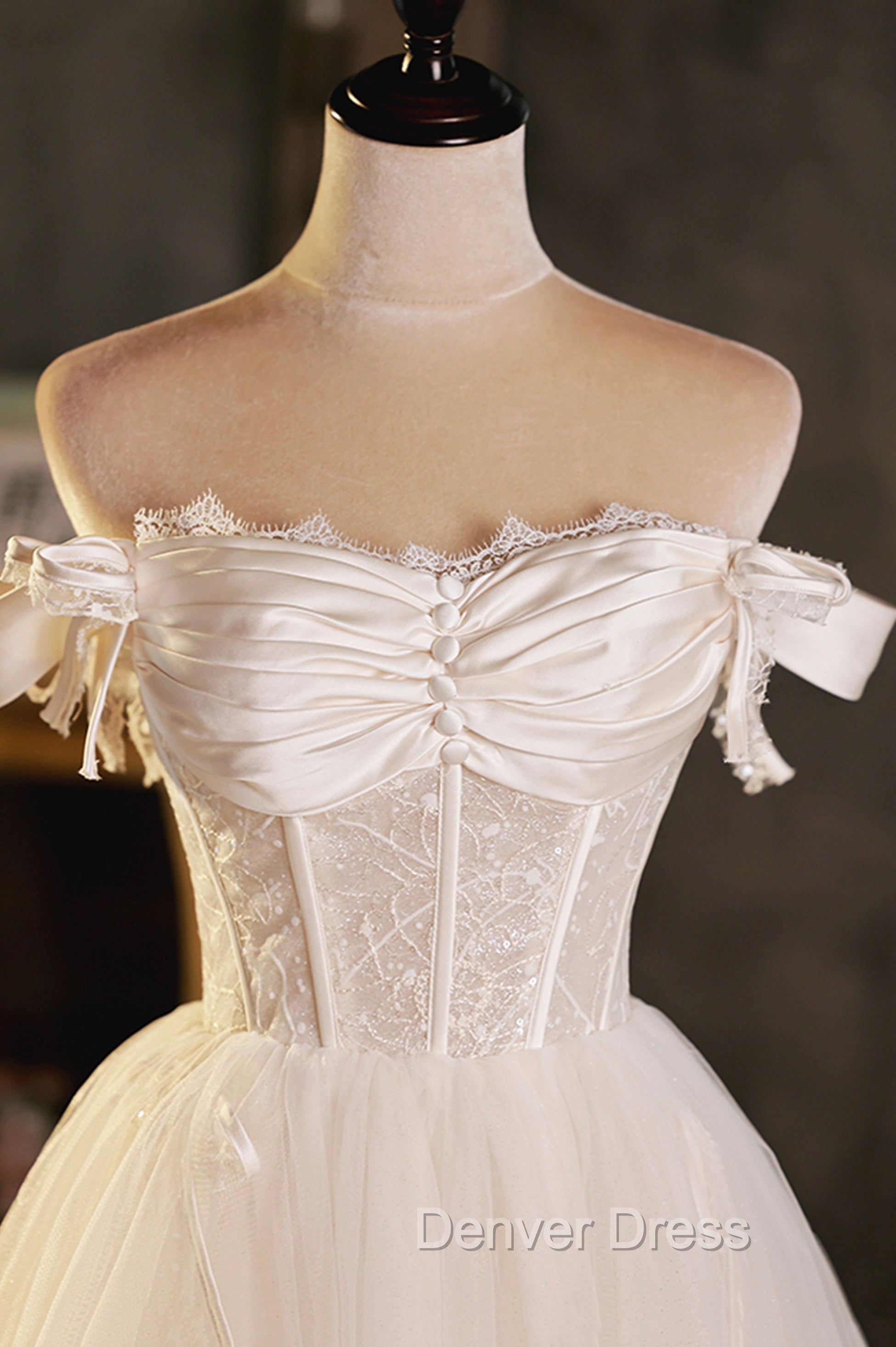 Champagne Tulle Short A Line Prom Dress, Off the Shoulder Prom Dresses