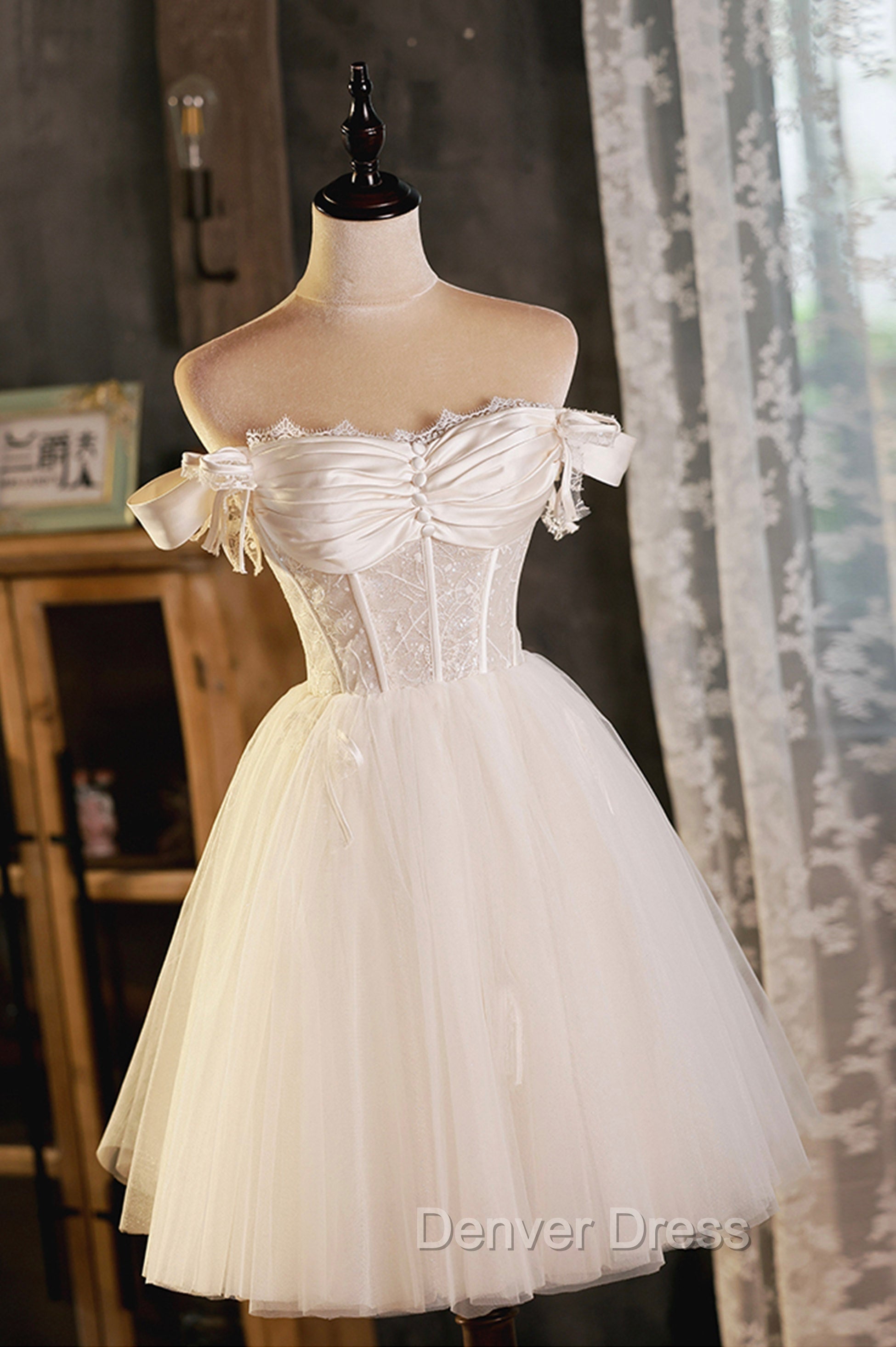 Champagne Tulle Short A Line Prom Dress, Off the Shoulder Prom Dresses